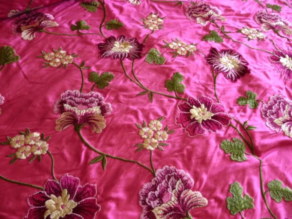 Seide, Blumenstickerei, Dupionseide, pink, creme, grün, rose, dunkelrot