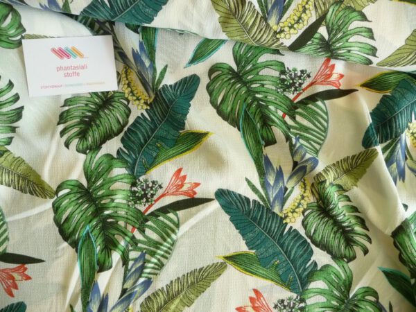Polyester, Blumenranken, grün, beige, rot