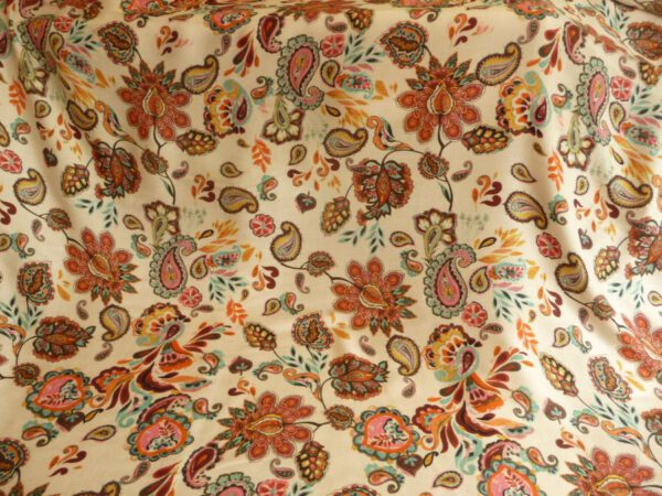 Viskose, Blumenmuster, Paisley, Bordüre, rosa, blau, grün, gelb, braun