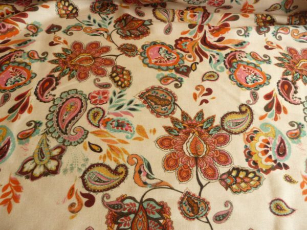 Viskosestoff, Blumenmuster, Paisley, Bordüre, blau, gelb, rosa, braun, grün
